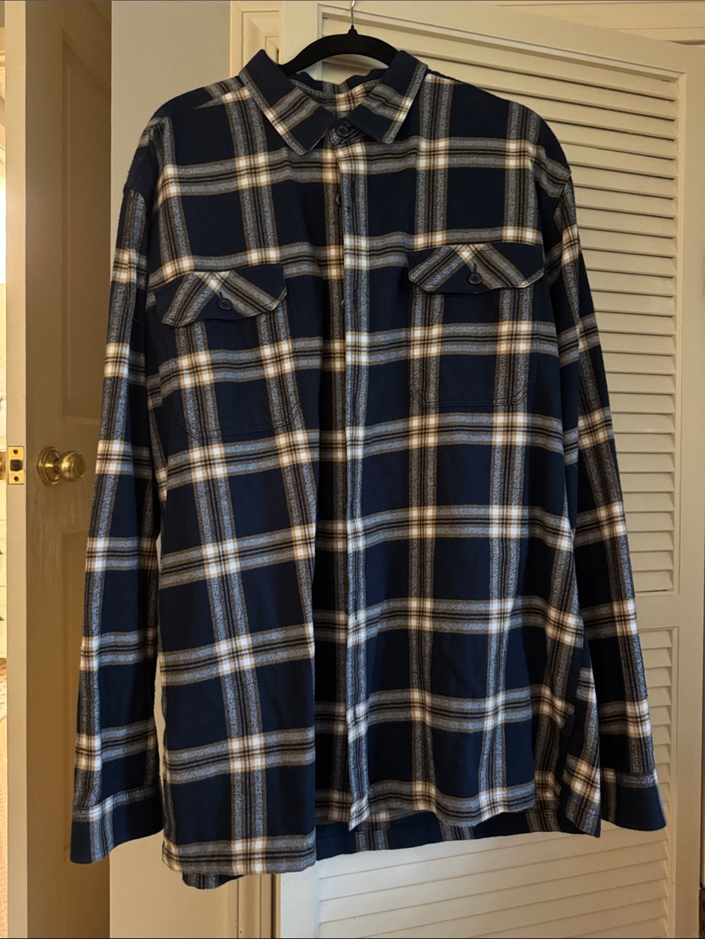 Patagonia Navy Plaid Button-Down Shirt with White and Tan Stripes
